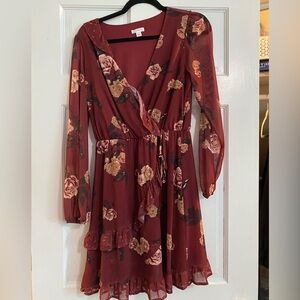 Floral, deep red long sleeve dress